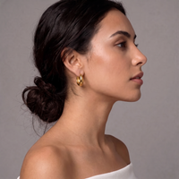 A woman in profile wearing a pair of small gold hoop earrings against a plain gray background.  The Ever Teardrop Hoop Earrings - The Songbird Collection