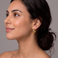 A close-up side profile of a woman with dark hair in a low bun, wearing a small gold hoop earring against a plain gray background.  The Ever Teardrop Hoop Earrings - The Songbird Collection