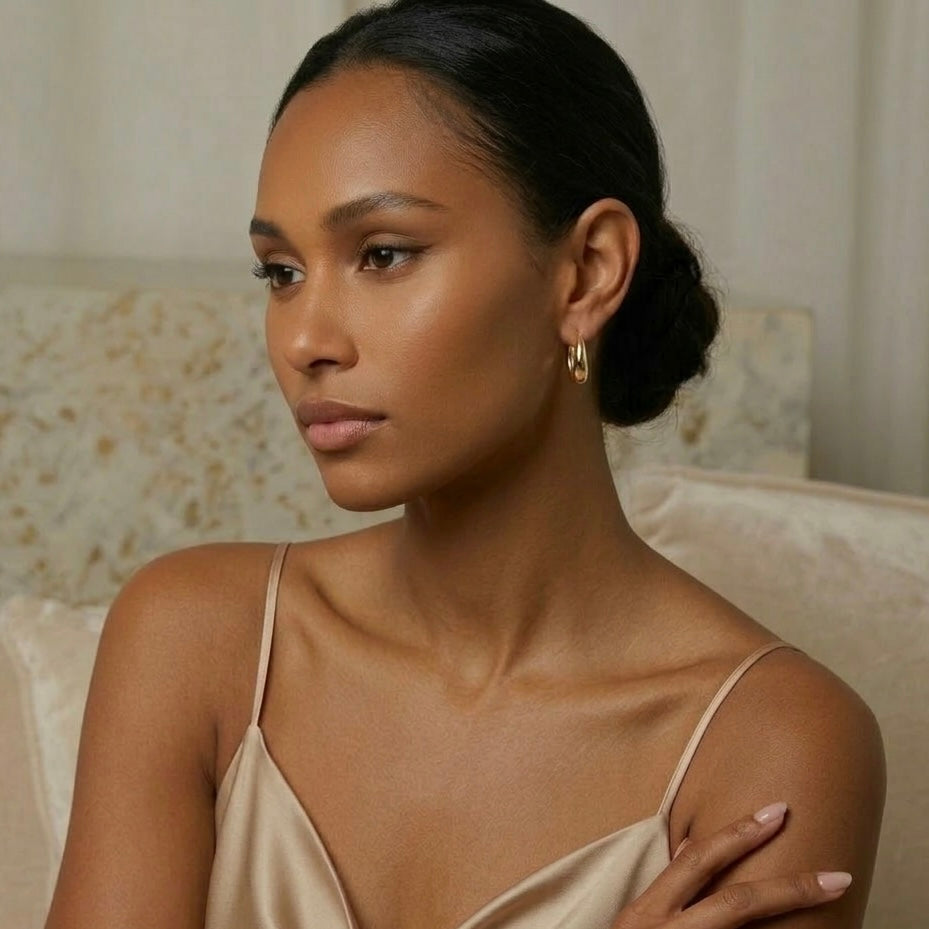 Woman wearing a beige satin dress with a neutral background - The Ever Teardrop Hoop Earrings - The Songbird Collection