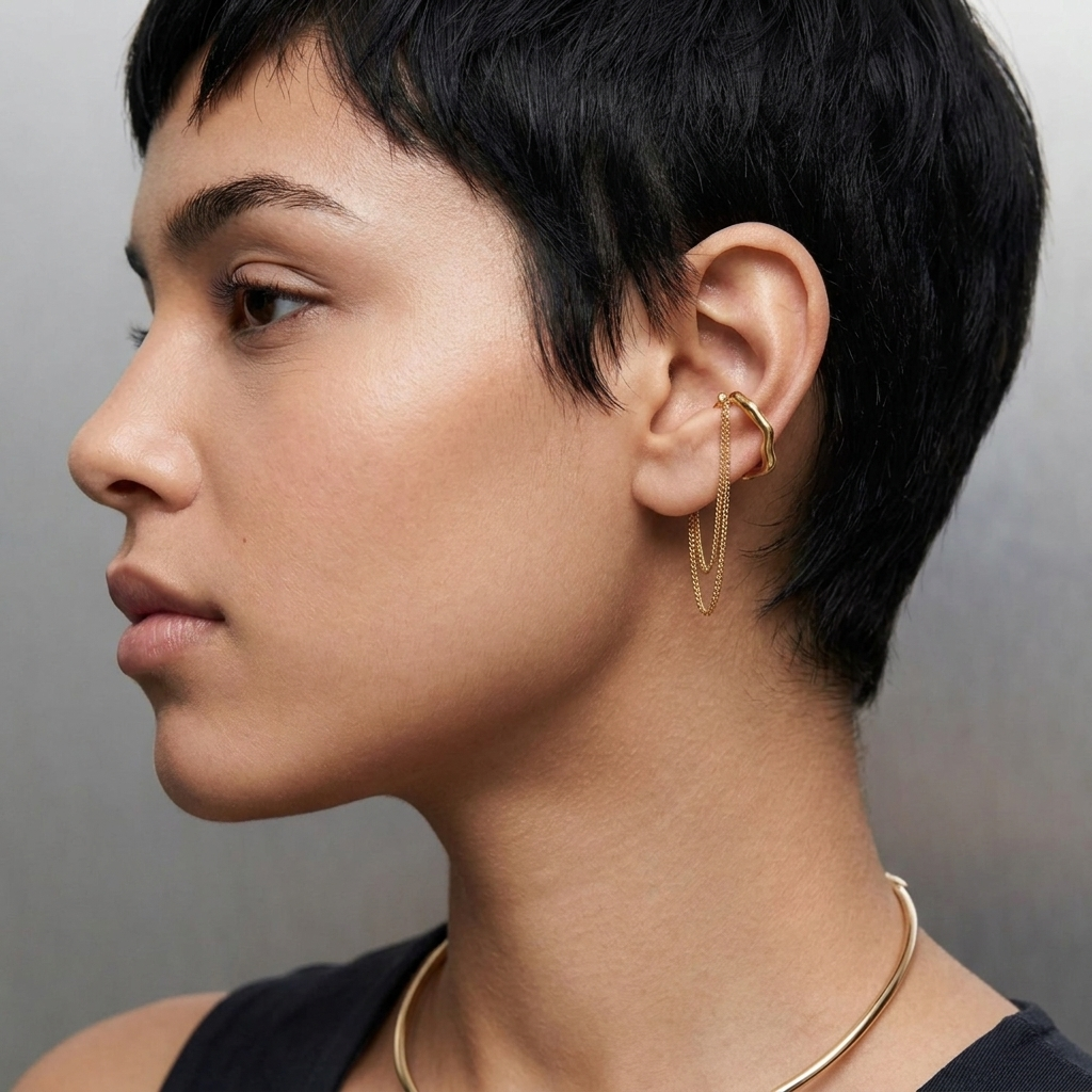 Close-up side profile of a person with short dark hair wearing a delicate gold ear cuff and a thin gold necklace against a soft gray background.  The Flow Ear Cuff - The Songbird Collection