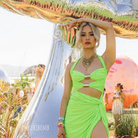 @Yukibomb in Nova Statement Necklace by @songbirdco in lie green cutout dress at Coachella   Nova Statement Necklace - The Songbird Collection