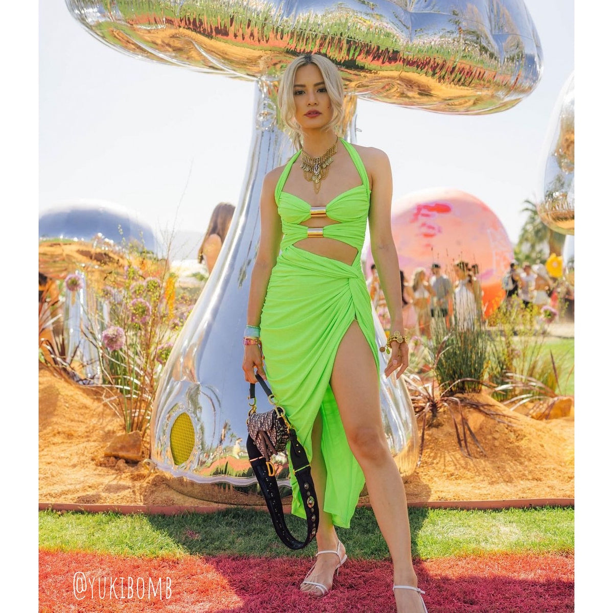 @Yukibomb in Nova Statement Necklace by @songbirdco in lie green cutout dress at Coachella   Nova Statement Necklace - The Songbird Collection