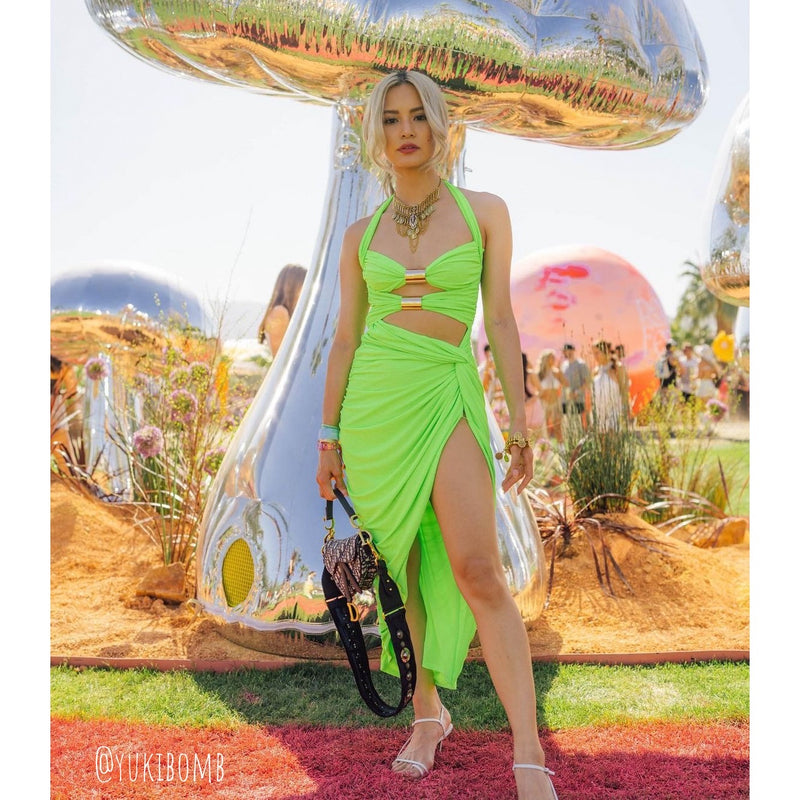 @Yukibomb in Nova Statement Necklace by @songbirdco in lie green cutout dress at Coachella   Nova Statement Necklace - The Songbird Collection