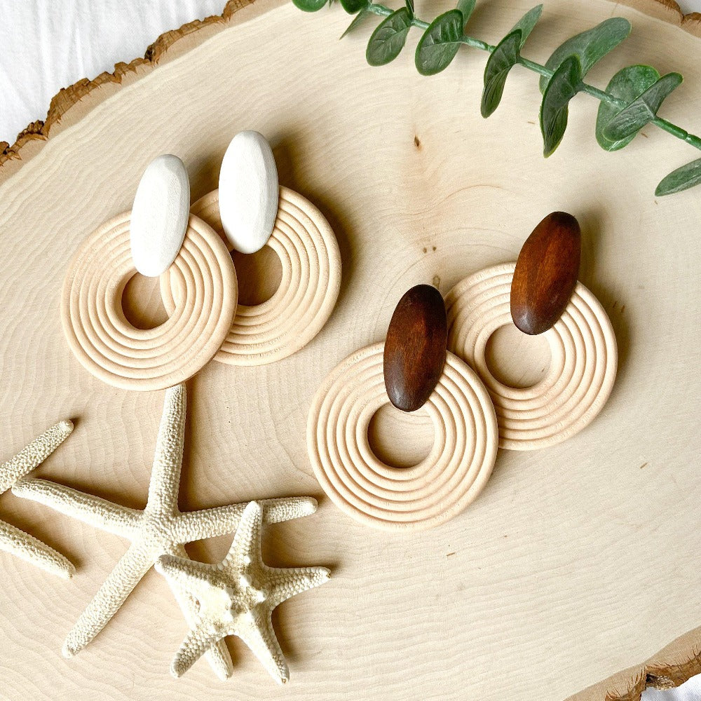 St. Tropez Statement Earrings -The Songbird Collection - wood raffia round statement earrings for summer 