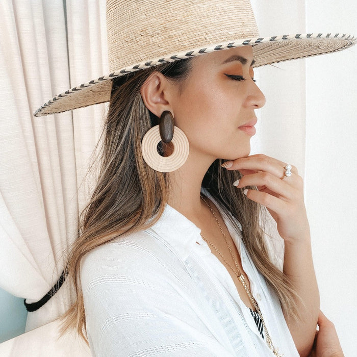 St. Tropez Statement Earrings -The Songbird Collection - wood raffia round statement earrings for summer 
