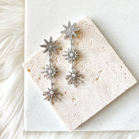 A pair of star-shaped dangle earrings with multiple layers, displayed on a white, textured surface.