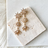 A pair of gold star-shaped dangle earrings with multiple layers, displayed on a white, textured surface.
