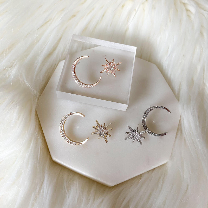 Twinkle Star & Moon Asymmetric Stud Earrings-Earrings-The Songbird Collection