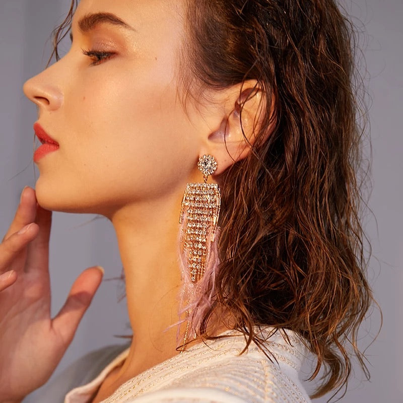 Lavish Feather & Rhinestone Earrings - LOW STOCK! - The Songbird Collection 