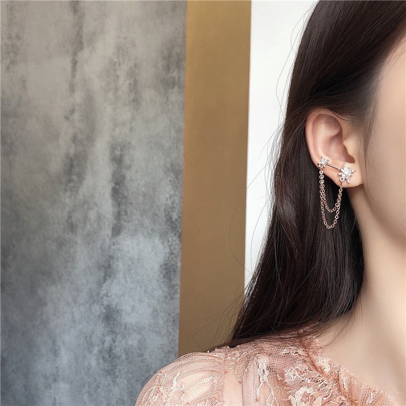 Star Chained Asymmetric Stud Earrings-Earrings-The Songbird Collection