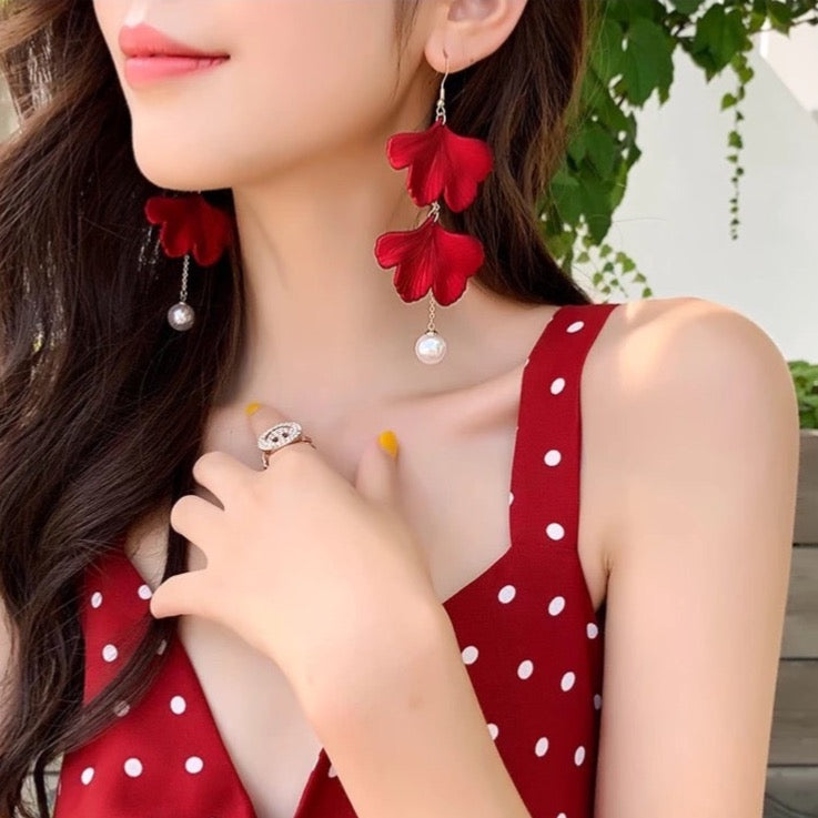 Red Velvet + White Pearl Accent Earrings - The Songbird Collection 