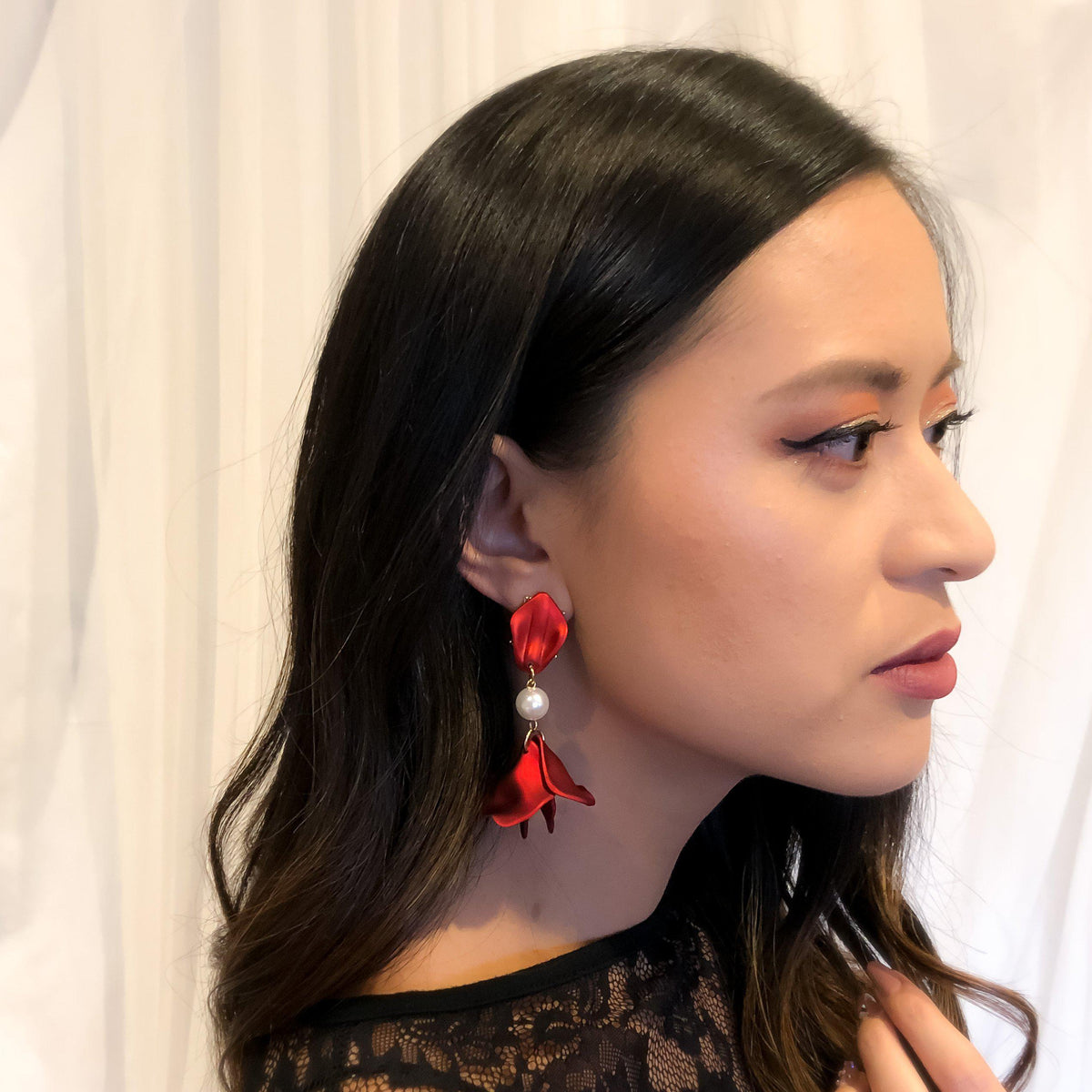 Red Velvet + White Pearl Accent Earrings - The Songbird Collection 