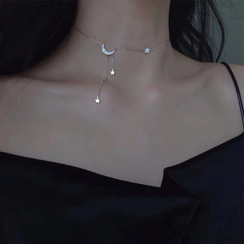 Moonbeam & Star Drop 925 Sterling Silver Necklace-Necklaces-The Songbird Collection