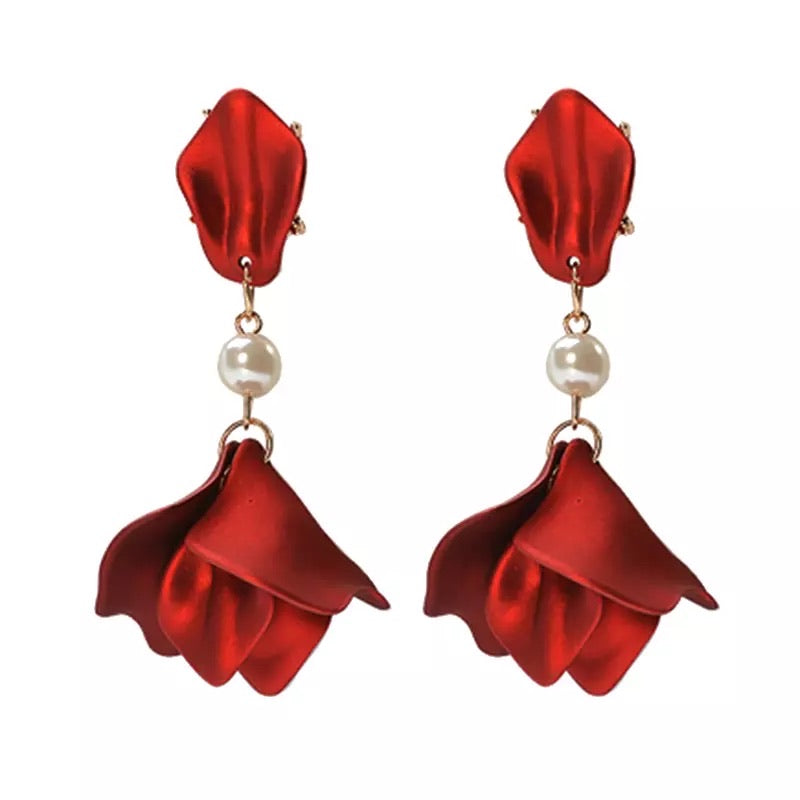 Red Velvet + White Pearl Accent Earrings - The Songbird Collection 