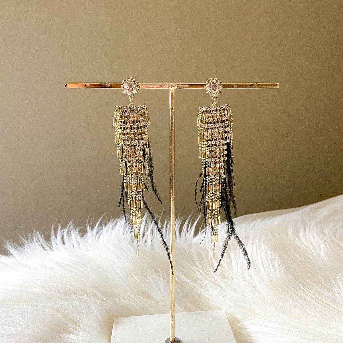 Lavish Feather & Rhinestone Earrings-Earrings-The Songbird Collection