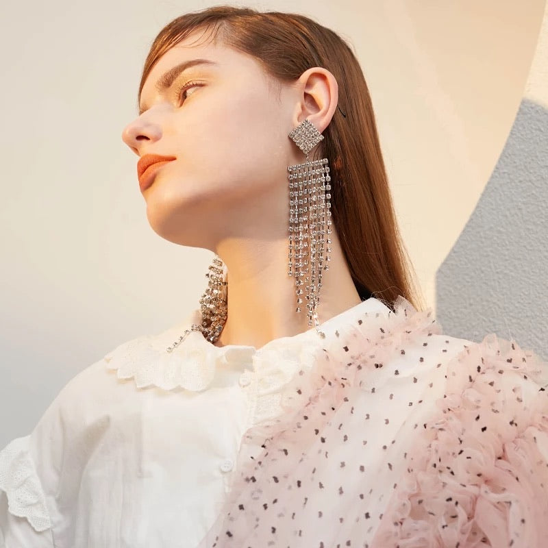 Square  Rhinestone Duster Earrings - The Songbird Collection 