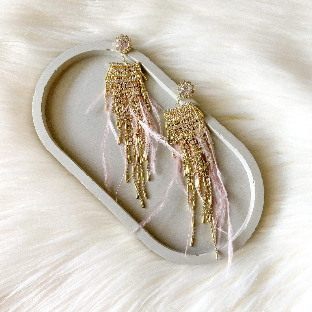 Lavish Feather & Rhinestone Earrings-Earrings-The Songbird Collection