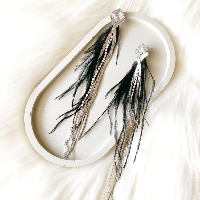 Feather & Rhinestone Duster Earrings - The Songbird Collection 