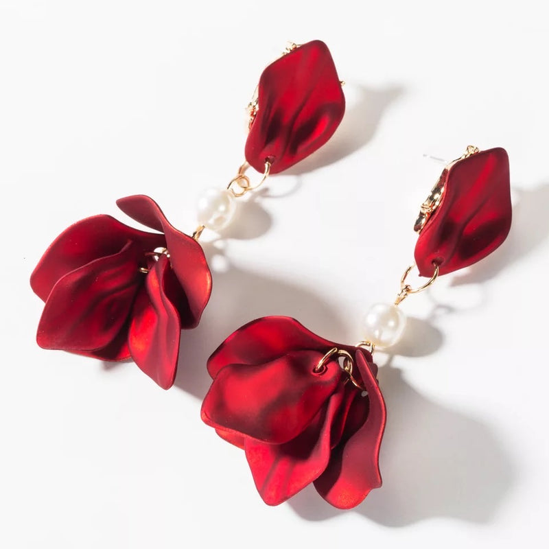 Red Velvet + White Pearl Accent Earrings - The Songbird Collection 