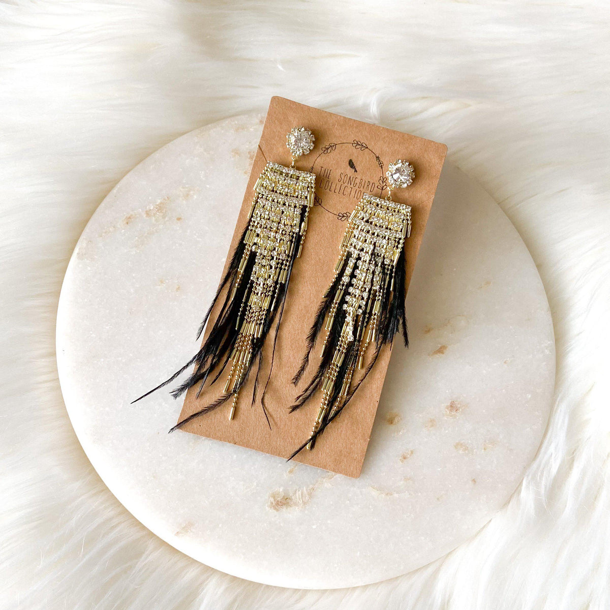 Lavish Feather & Rhinestone Earrings-Earrings-The Songbird Collection